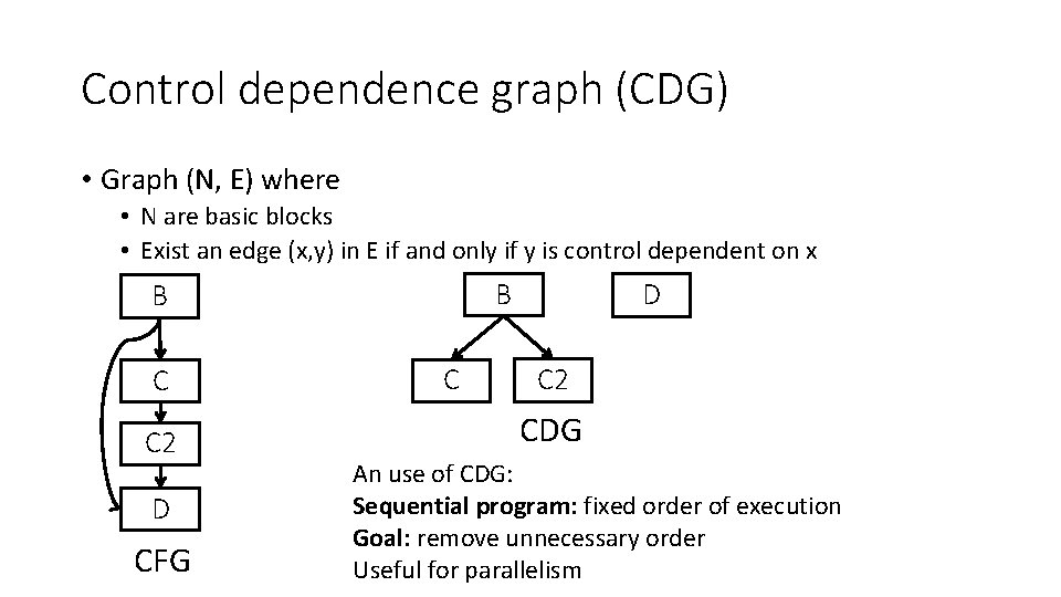 Control dependence graph (CDG) • Graph (N, E) where • N are basic blocks