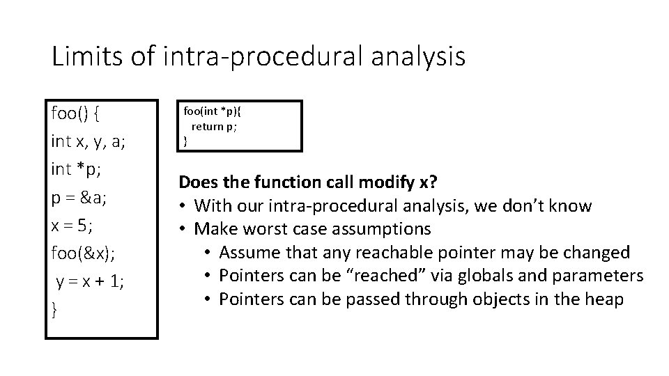 Limits of intra-procedural analysis foo() { int x, y, a; int *p; p =