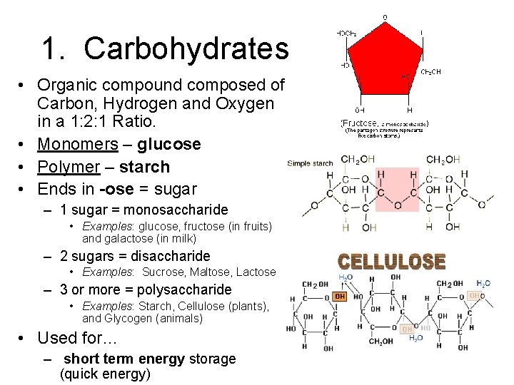 1. Carbohydrates • Organic compound composed of Carbon, Hydrogen and Oxygen in a 1: