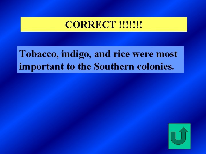 CORRECT !!!!!!! Tobacco, indigo, and rice were most important to the Southern colonies. 