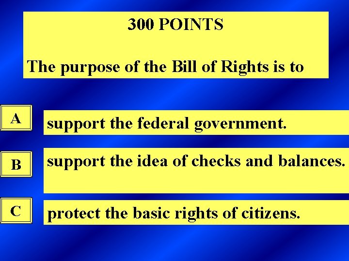 300 POINTS The purpose of the Bill of Rights is to A support the