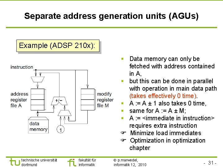 TU Dortmund Separate address generation units (AGUs) Example (ADSP 210 x): § Data memory