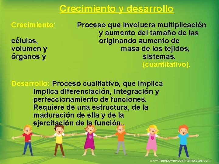 Crecimiento y desarrollo Crecimiento: células, volumen y órganos y Proceso que involucra multiplicación y