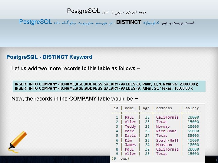 Postgre. SQL ﺩﻭﺭﻩ آﻤﻮﺯﺷی ﺳﺮیﻊ ﻭ آﺴﺎﻥ Postgre. SQL ﺩﺭ ﺳیﺴﺘﻢ ﻣﺪیﺮیﺖ پﺎیگﺎﻩ ﺩﺍﺩﻩ