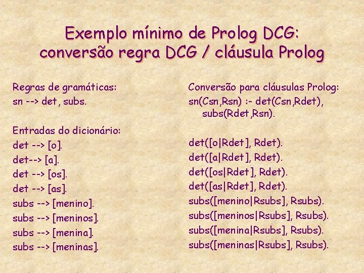 Exemplo mínimo de Prolog DCG: conversão regra DCG / cláusula Prolog Regras de gramáticas: