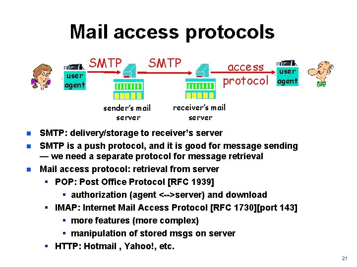 Mail access protocols user agent SMTP sender’s mail server n n n access protocol