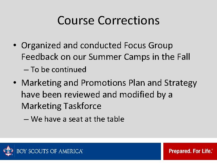 Course Corrections • Organized and conducted Focus Group Feedback on our Summer Camps in