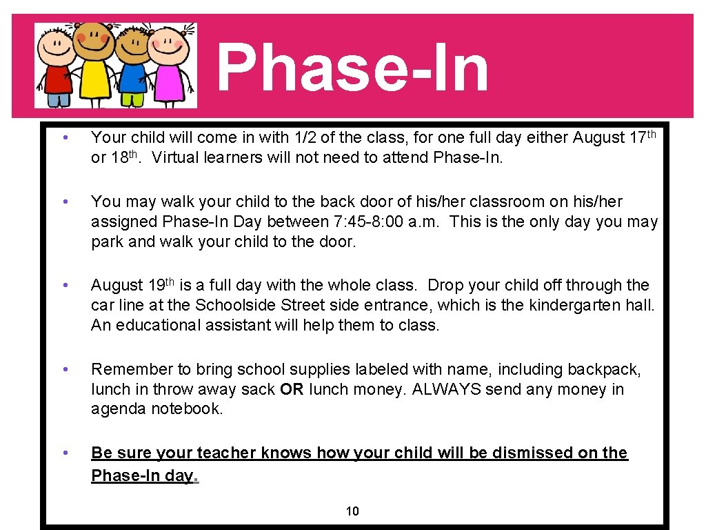 Phase-In • Your child will come in with 1/2 of the class, for one