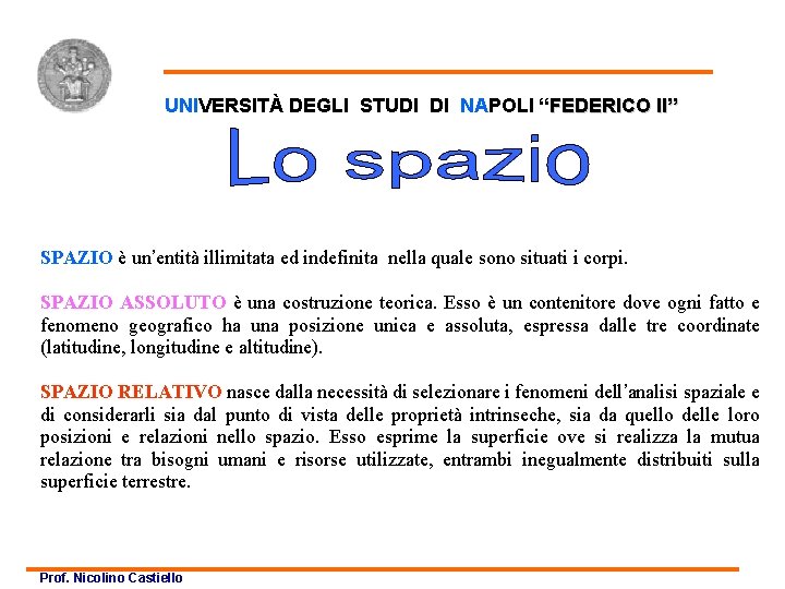 Concetto di spazio UNIVERSITÀ DEGLI STUDI DI NAPOLI “FEDERICO II” SPAZIO è un’entità illimitata