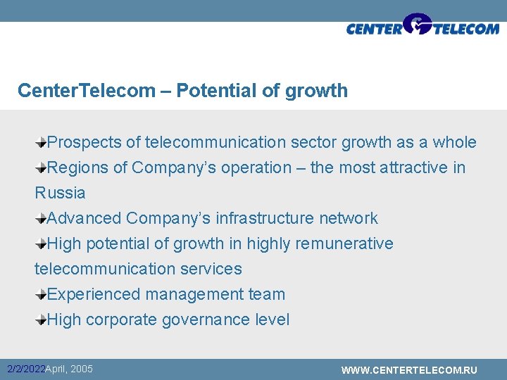 Center. Telecom – Potential of growth Prospects of telecommunication sector growth as a whole