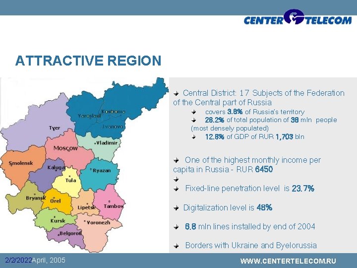 ATTRACTIVE REGION Central District: 17 Subjects of the Federation of the Central part of