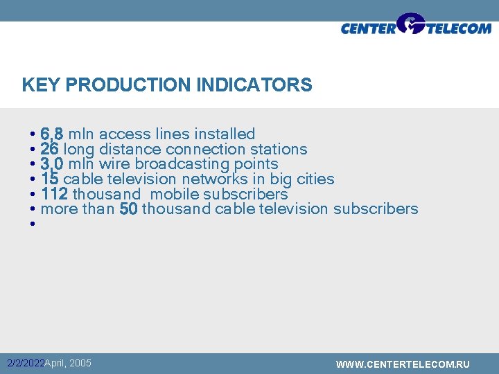 KEY PRODUCTION INDICATORS • 6, 8 mln access lines installed • 26 long distance