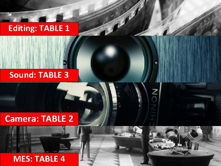 Editing: TABLE 1 Sound: TABLE 3 Camera: TABLE 2 MES: TABLE 4 