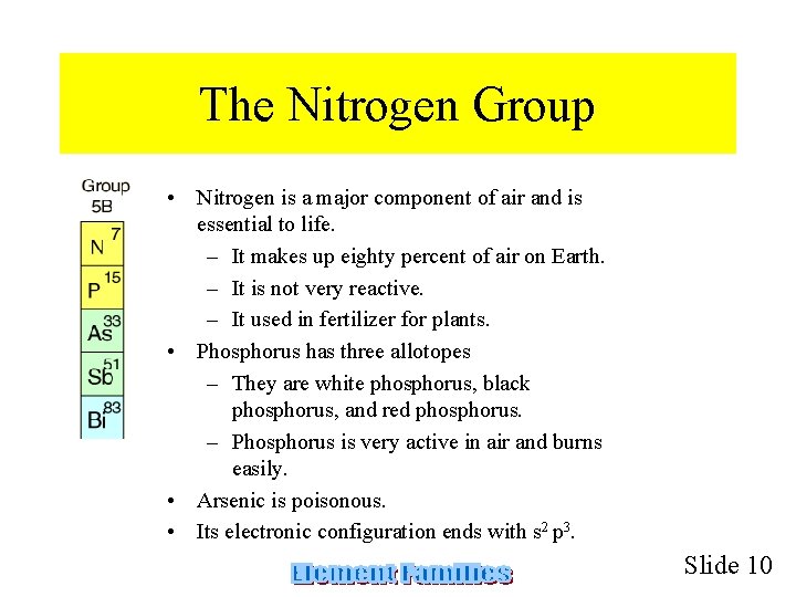 The Nitrogen Group • Nitrogen is a major component of air and is essential