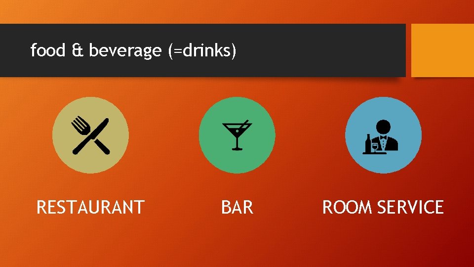 food & beverage (=drinks) RESTAURANT BAR ROOM SERVICE 