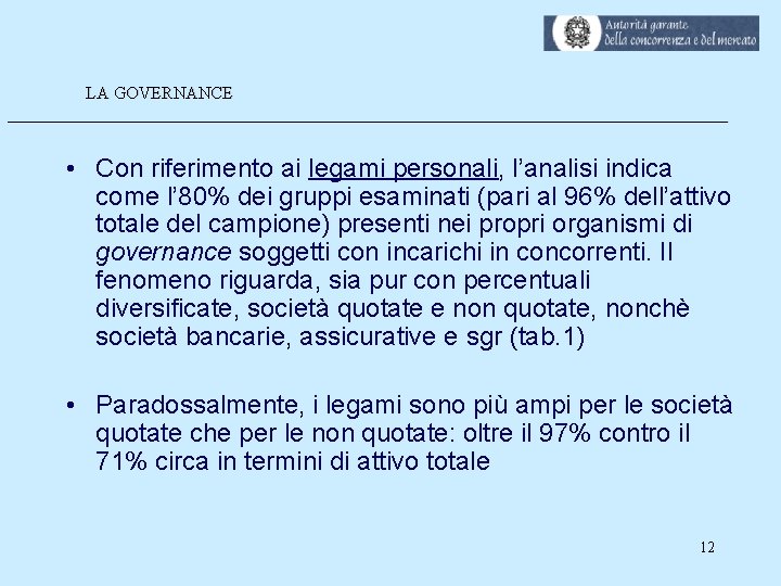 LA GOVERNANCE __________________________________________ • Con riferimento ai legami personali, l’analisi indica come l’ 80%