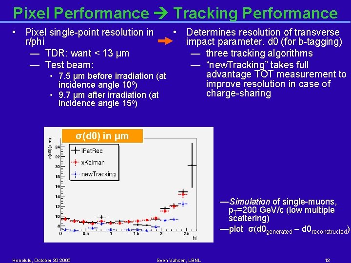 Pixel Performance Tracking Performance • Pixel single-point resolution in r/phi — TDR: want <