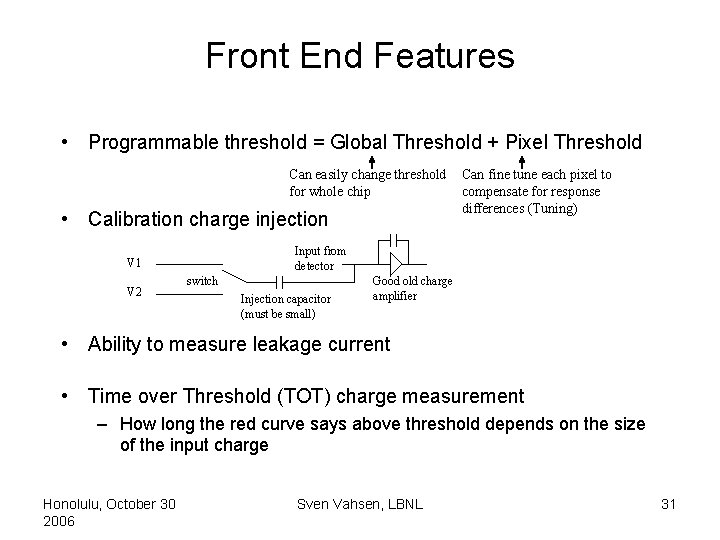 Front End Features • Programmable threshold = Global Threshold + Pixel Threshold Can easily