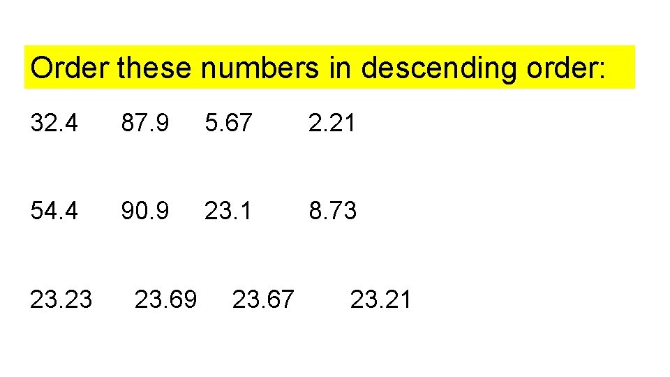 Order these numbers in descending order: 32. 4 87. 9 5. 67 2. 21 Order these numbers in descending order: 32. 4 87. 9 5. 67 2. 21