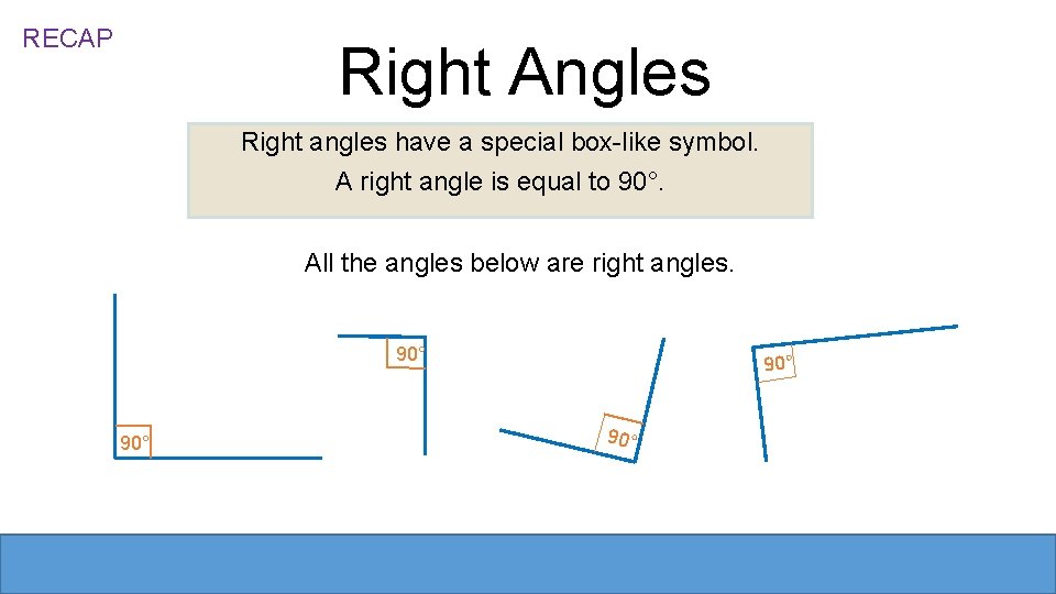 RECAP Right Angles Right angles have a special box-like symbol. A right angle is RECAP Right Angles Right angles have a special box-like symbol. A right angle is