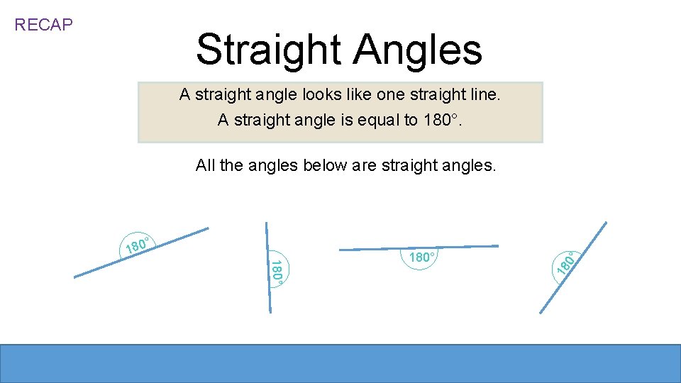 RECAP Straight Angles A straight angle looks like one straight line. A straight angle RECAP Straight Angles A straight angle looks like one straight line. A straight angle
