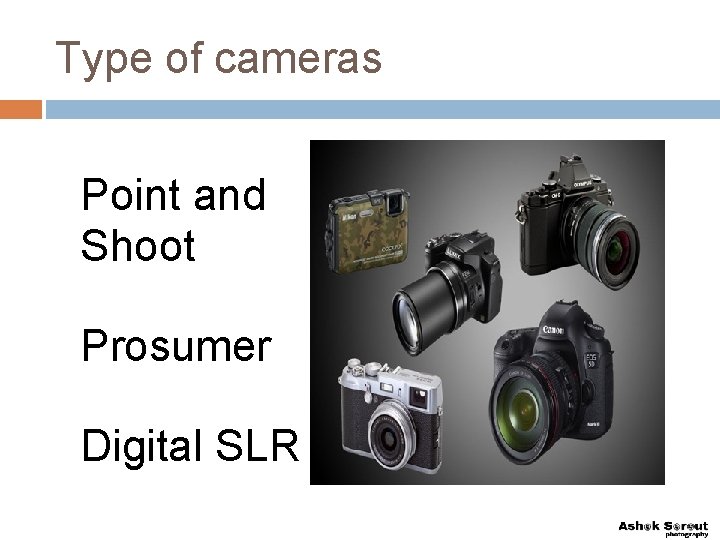 Type of cameras Point and Shoot Prosumer Digital SLR 