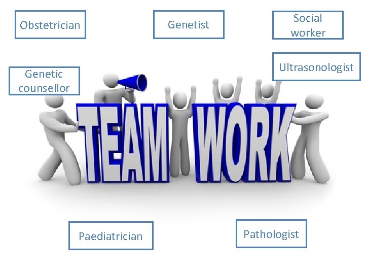 Obstetrician Genetist Social worker Ultrasonologist Genetic counsellor Paediatrician Pathologist 