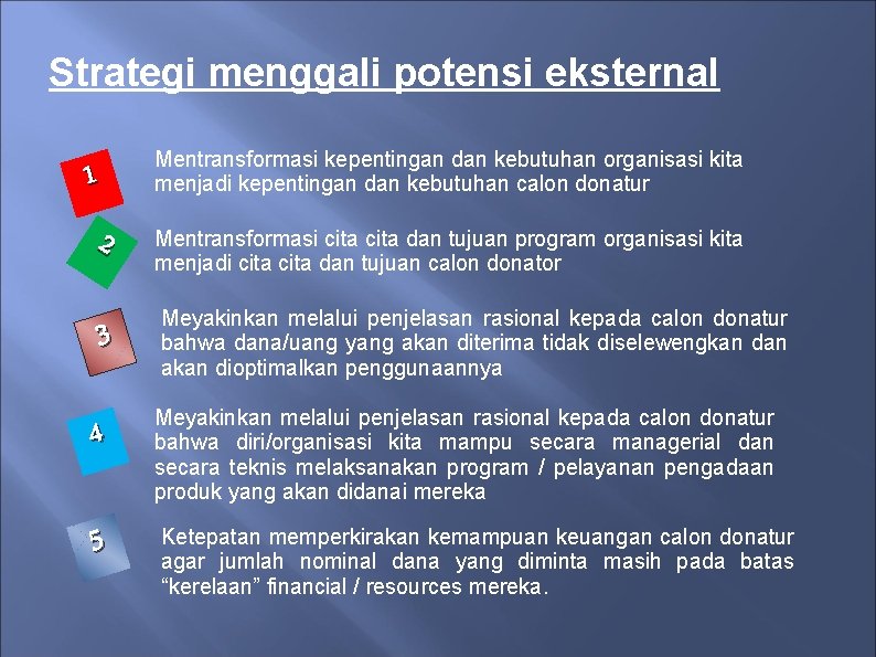 Strategi menggali potensi eksternal 1 Mentransformasi kepentingan dan kebutuhan organisasi kita menjadi kepentingan dan