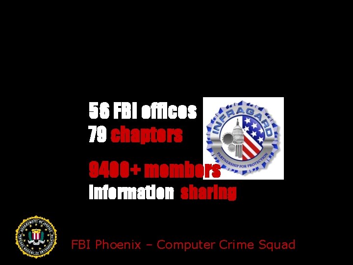 56 FBI offices 79 chapters 9400+ members information sharing FBI Phoenix – Computer Crime