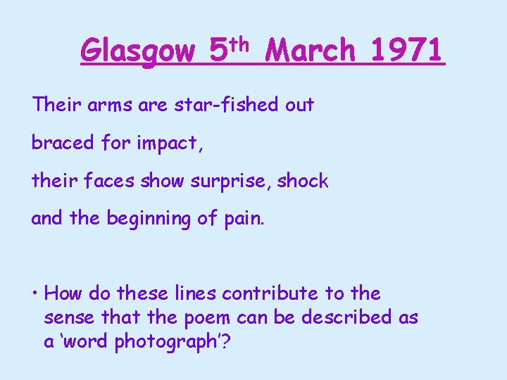 Glasgow 5 th March 1971 Their arms are star-fished out braced for impact, their Glasgow 5 th March 1971 Their arms are star-fished out braced for impact, their