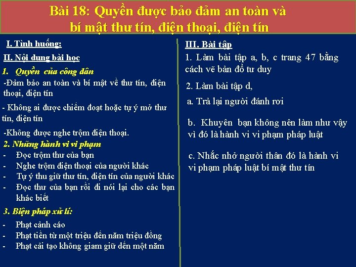 Bài 18: Quyền được bảo đảm an toàn và bí mật thư tín, điện