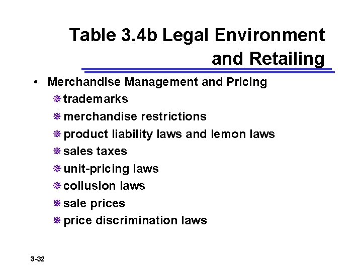 Table 3. 4 b Legal Environment and Retailing • Merchandise Management and Pricing ¯trademarks
