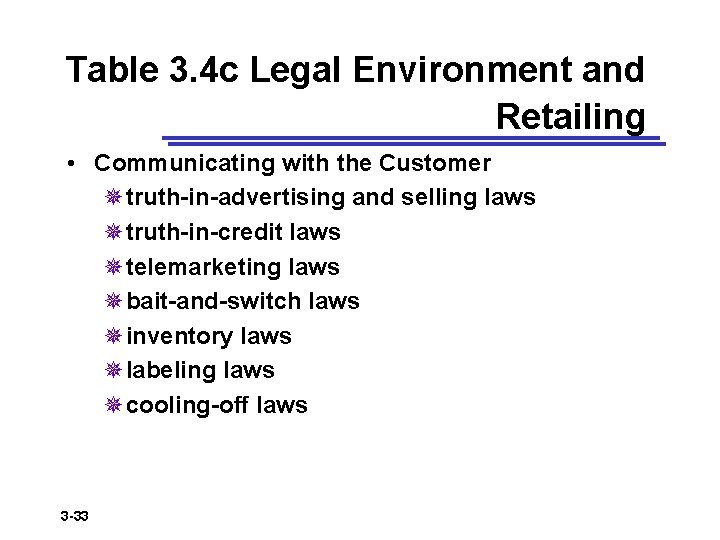 Table 3. 4 c Legal Environment and Retailing • Communicating with the Customer ¯truth-in-advertising