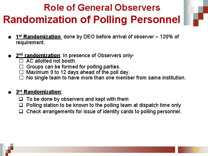 Role of General Observers Randomization of Polling Personnel ■ 1 st Randomization done by