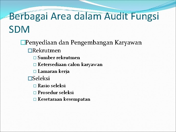 Berbagai Area dalam Audit Fungsi SDM �Penyediaan dan Pengembangan Karyawan �Rekrutmen � Sumber rekrutmen