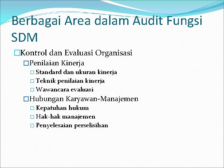 Berbagai Area dalam Audit Fungsi SDM �Kontrol dan Evaluasi Organisasi �Penilaian Kinerja � Standard