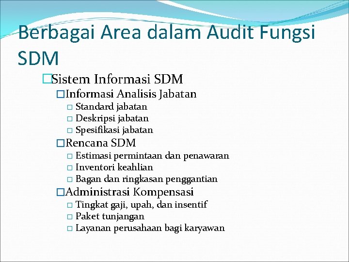 Berbagai Area dalam Audit Fungsi SDM �Sistem Informasi SDM �Informasi Analisis Jabatan � Standard