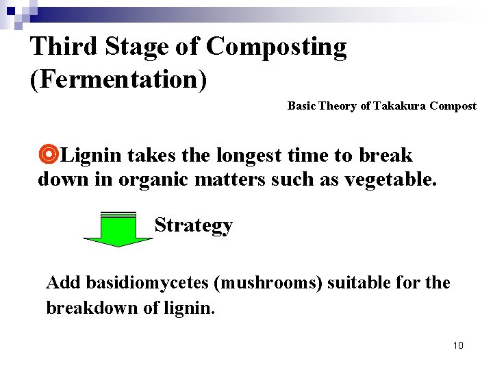 Third Stage of Composting (Fermentation) Basic Theory of Takakura Compost ◎Lignin takes the longest