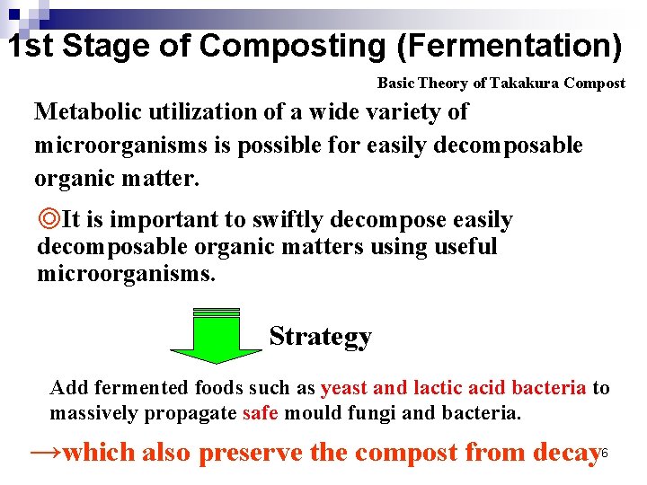 1 st Stage of Composting (Fermentation) Basic Theory of Takakura Compost Metabolic utilization of