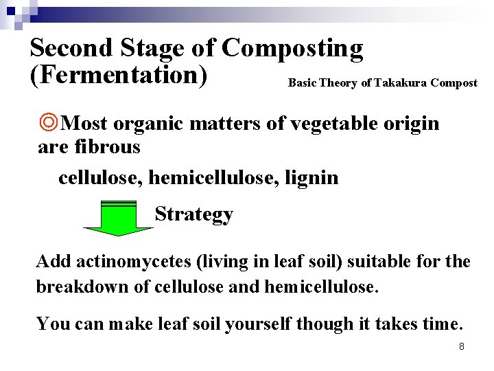 Second Stage of Composting (Fermentation) Basic Theory of Takakura Compost ◎Most organic matters of