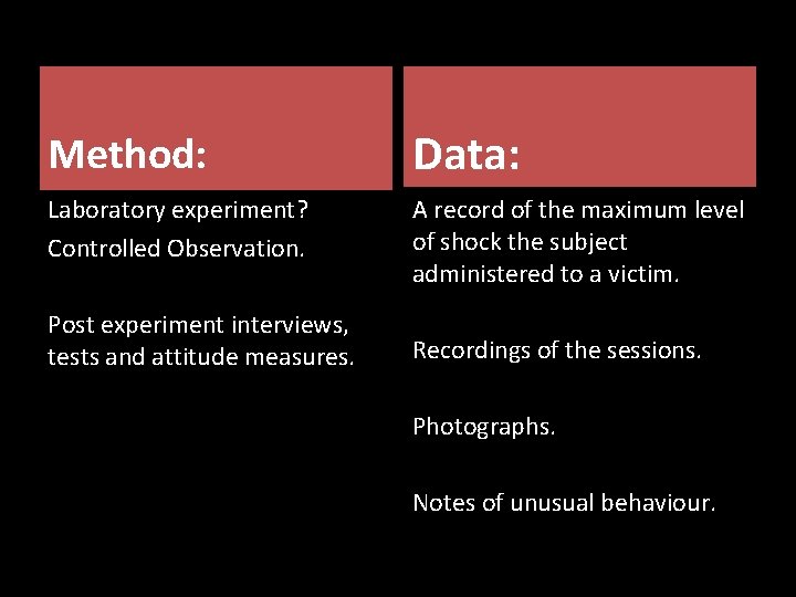 Method: Data: Laboratory experiment? Controlled Observation. A record of the maximum level of shock