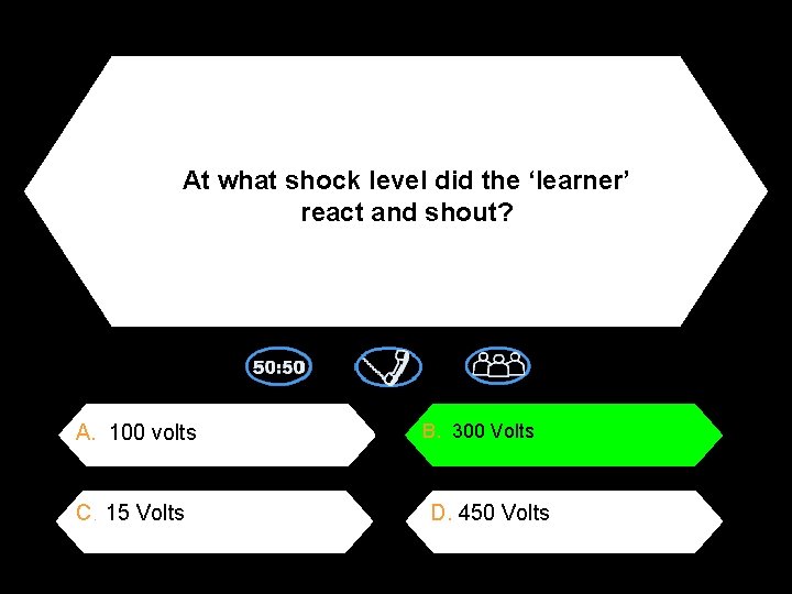 At what shock level did the ‘learner’ react and shout? A. 100 volts C.