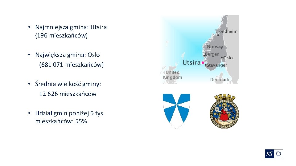  • Najmniejsza gmina: Utsira (196 mieszkańców) • Największa gmina: Oslo (681 071 mieszkańców)