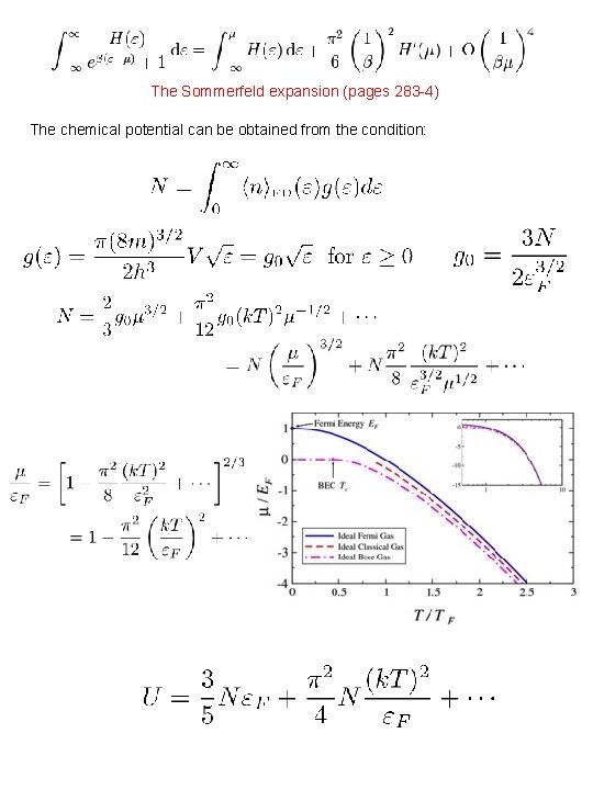 The Sommerfeld expansion (pages 283 -4) The chemical potential can be obtained from the