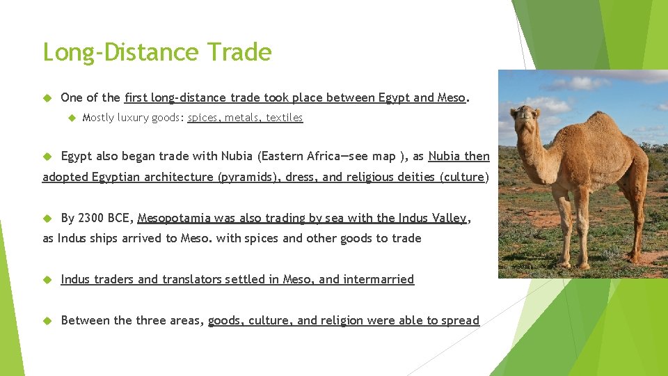 Long-Distance Trade One of the first long-distance trade took place between Egypt and Meso.