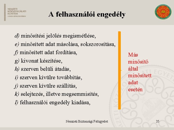 A felhasználói engedély d) minősítési jelölés megismétlése, e) minősített adat másolása, sokszorosítása, f) minősített