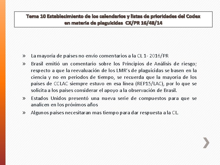 Tema 10 Establecimiento de los calendarios y listas de prioridades del Codex en materia