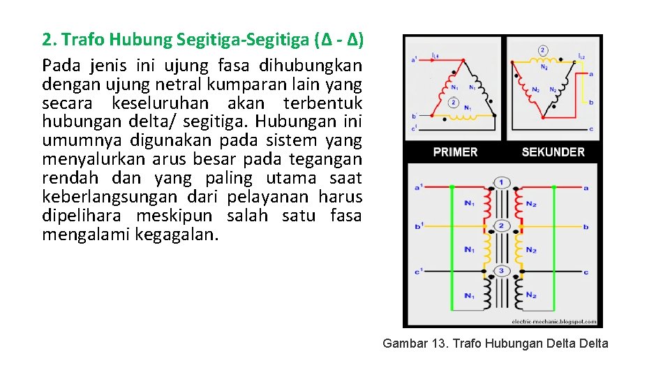 2. Trafo Hubung Segitiga-Segitiga (Δ - Δ) Pada jenis ini ujung fasa dihubungkan dengan