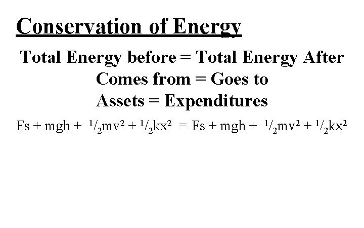 Conservation of Energy Total Energy before = Total Energy After Comes from = Goes