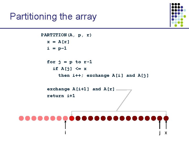 Partitioning the array PARTITION(A, p, r) x = A[r] i = p– 1 for